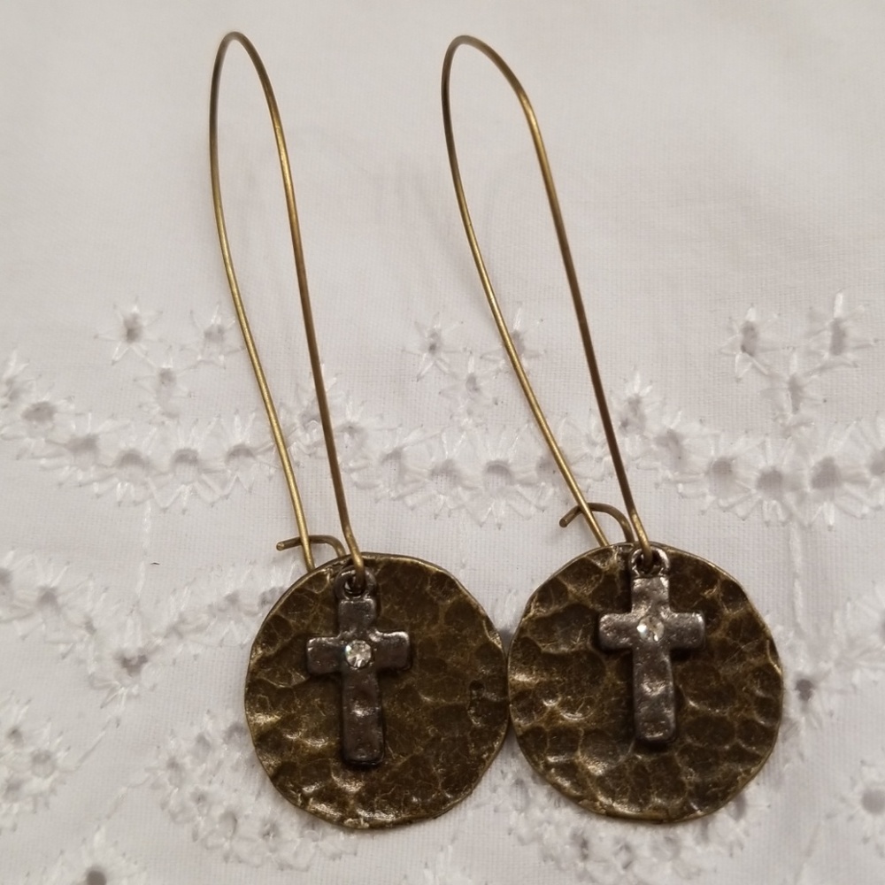 Cross earrings with disk hammered bronze tone - Picture 3 of 8